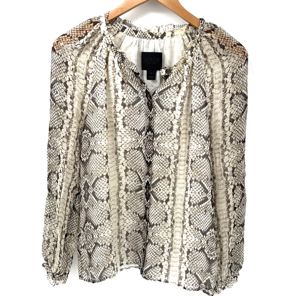 J Crew Blouse Womens 0 Shirt 100%‎ Silk Snakeskin Reptile Print Button Up
